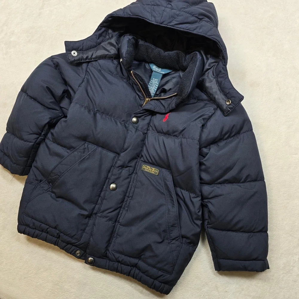 Polo Ralph Lauren‎ Puffer Jacket Kids Size 4T Navy Blue Hooded Red Pony